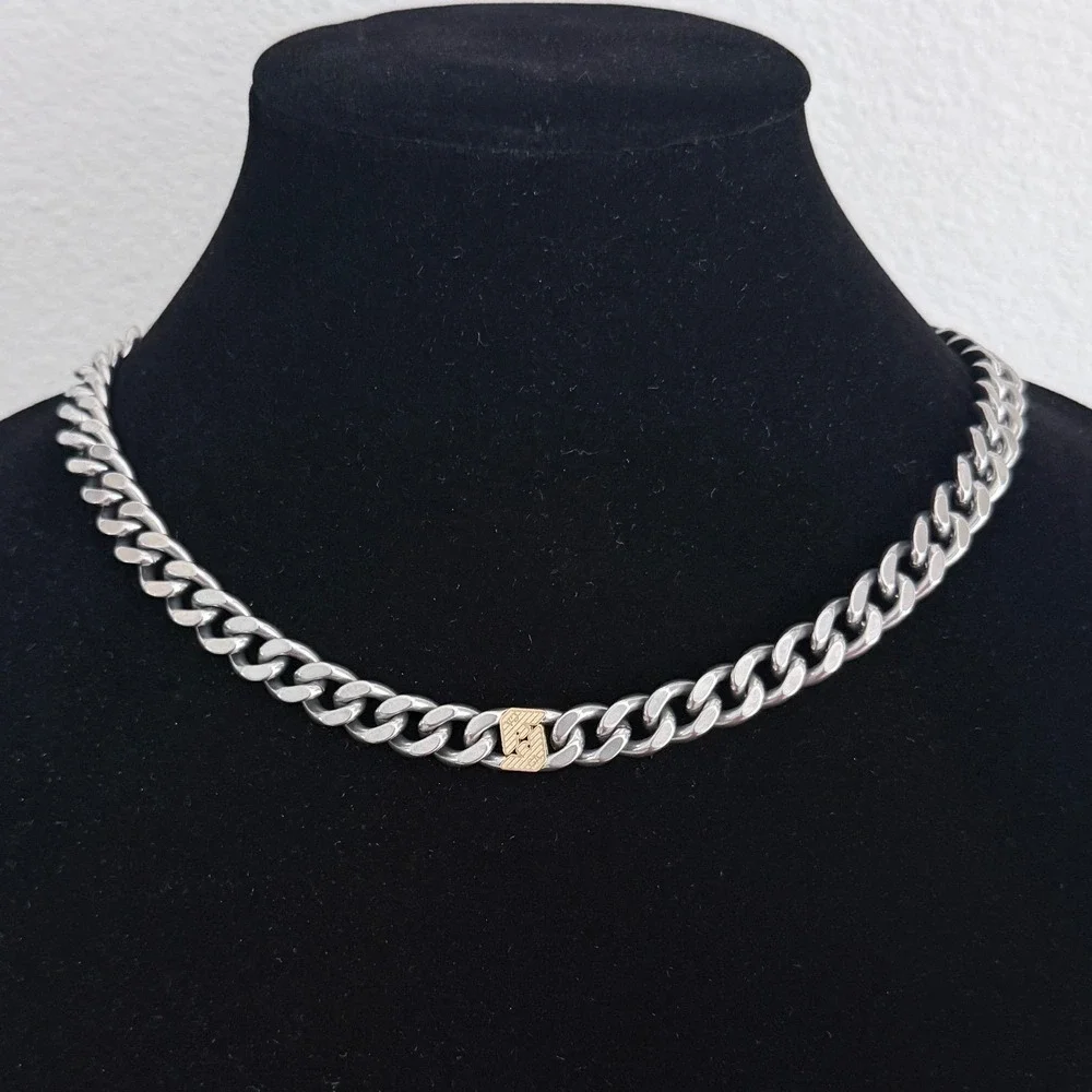 Emporio Armani Mens Stainless Steel Cuban Chain Necklace Silver Gold EGS3187040